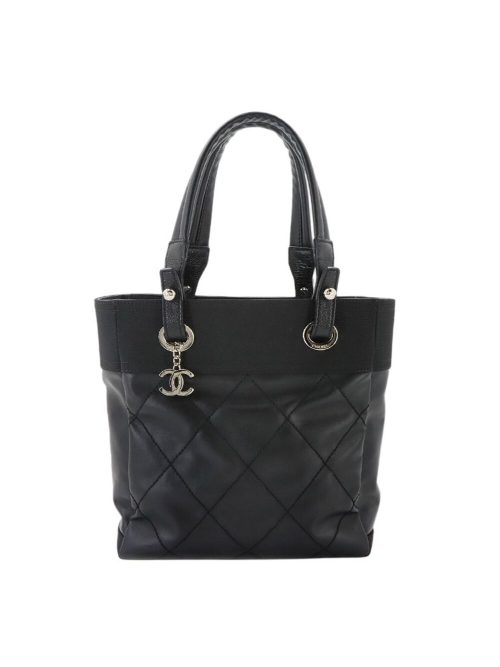Chanel Paris Biarritz PM Tote Nylon Leather Black Silver